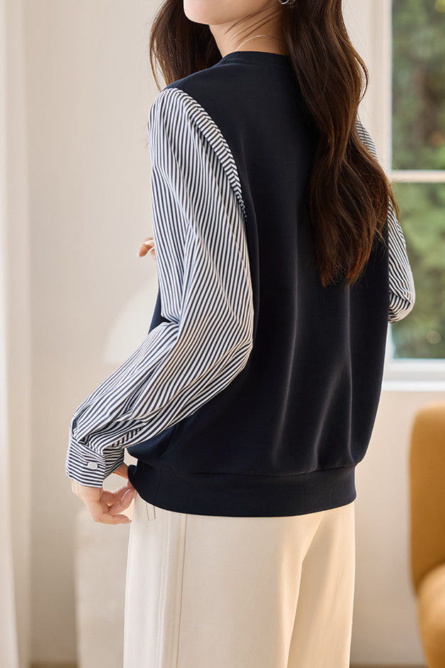 Striped Panel Round Neck Sweatshirt - liwisi