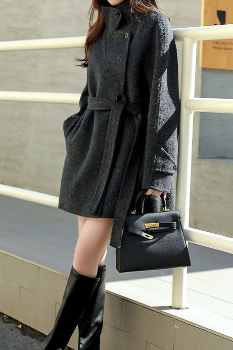 Stand Collar Tie Belt Coat - liwisi