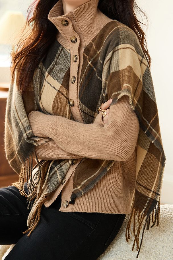 Checked fringed shawl fake two-piece knitted cardigan - liwisi