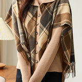 Checked fringed shawl fake two-piece knitted cardigan - liwisi