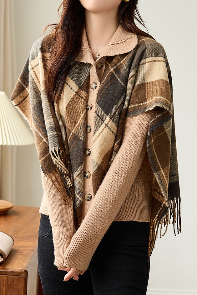 Checked fringed shawl fake two-piece knitted cardigan - liwisi