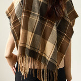 Checked fringed shawl fake two-piece knitted cardigan - liwisi