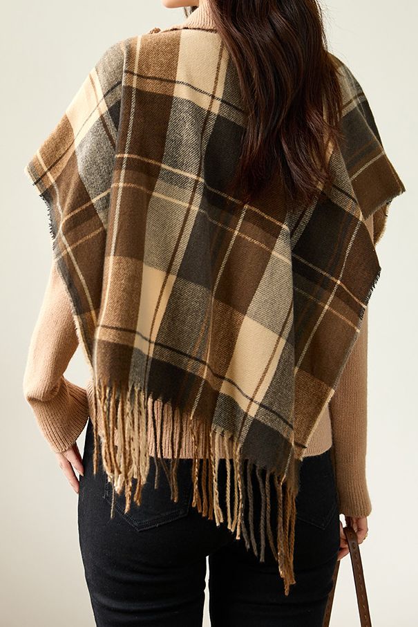 Checked fringed shawl fake two-piece knitted cardigan - liwisi