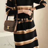 Half Turtleneck Striped Knitted Dress - liwisi