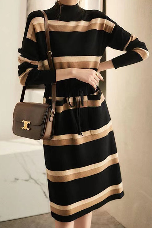 Half Turtleneck Striped Knitted Dress - liwisi