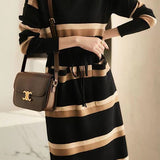 Half Turtleneck Striped Knitted Dress - liwisi