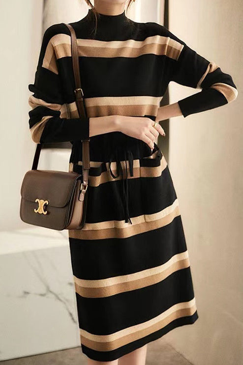 Half Turtleneck Striped Knitted Dress - liwisi