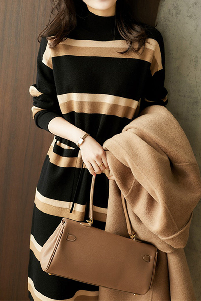 Half Turtleneck Striped Knitted Dress - liwisi