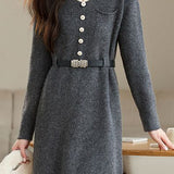 Turn-down collar mid-length waist-cinched long-sleeved knitted dresses - liwisi