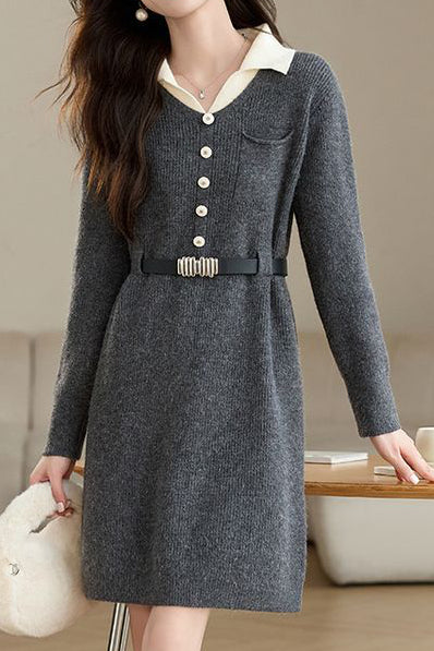 Turn-down collar mid-length waist-cinched long-sleeved knitted dresses - liwisi