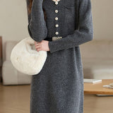 Turn-down collar mid-length waist-cinched long-sleeved knitted dresses - liwisi