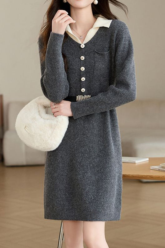 Turn-down collar mid-length waist-cinched long-sleeved knitted dresses - liwisi