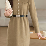 Turn-down collar mid-length waist-cinched long-sleeved knitted dresses - liwisi