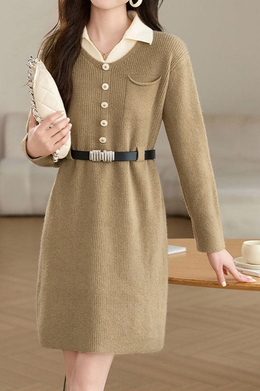 Turn-down collar mid-length waist-cinched long-sleeved knitted dresses - liwisi
