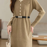 Turn-down collar mid-length waist-cinched long-sleeved knitted dresses - liwisi