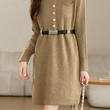 Turn-down collar mid-length waist-cinched long-sleeved knitted dresses - liwisi