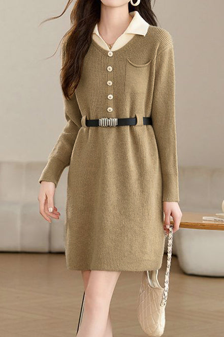 Turn-down collar mid-length waist-cinched long-sleeved knitted dresses - liwisi