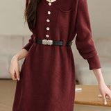 Turn-down collar mid-length waist-cinched long-sleeved knitted dresses - liwisi