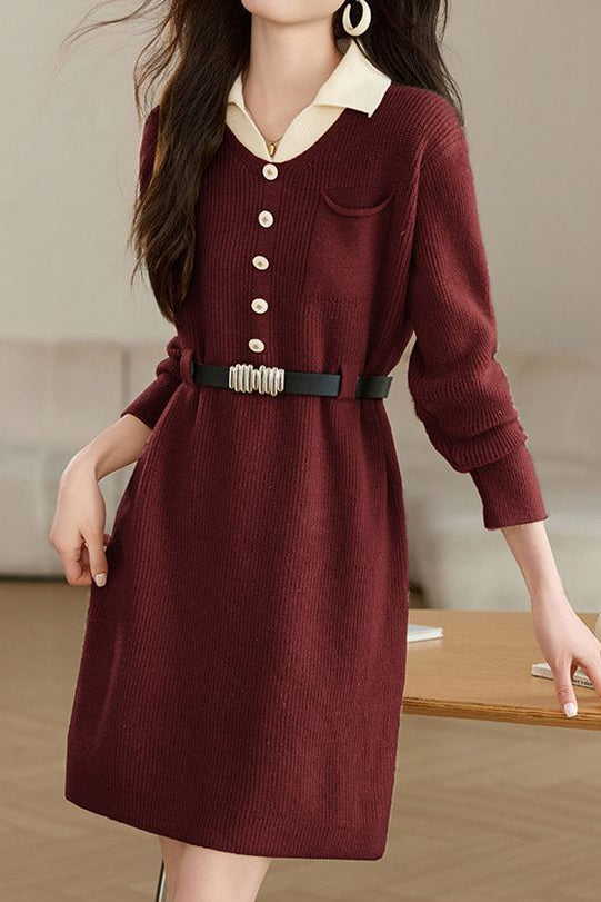 Turn-down collar mid-length waist-cinched long-sleeved knitted dresses - liwisi