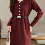 Turn-down collar mid-length waist-cinched long-sleeved knitted dresses - liwisi