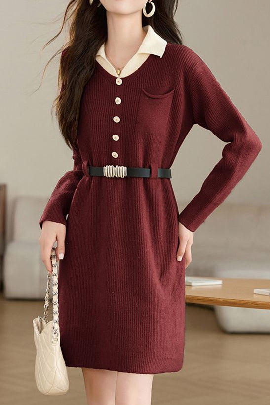 Turn-down collar mid-length waist-cinched long-sleeved knitted dresses - liwisi