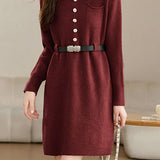 Turn-down collar mid-length waist-cinched long-sleeved knitted dresses - liwisi