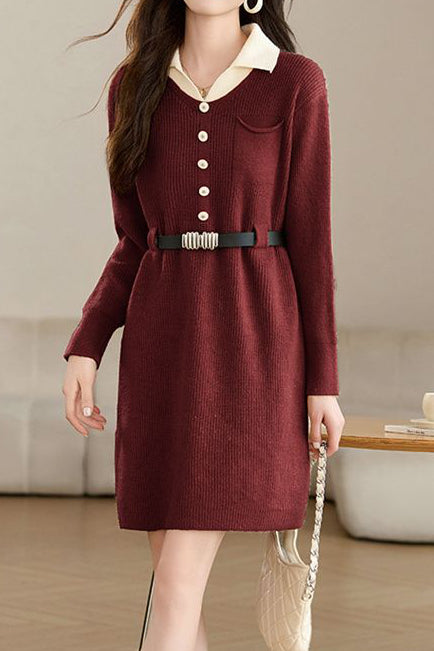 Turn-down collar mid-length waist-cinched long-sleeved knitted dresses - liwisi