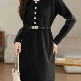 Turn-down collar mid-length waist-cinched long-sleeved knitted dresses - liwisi