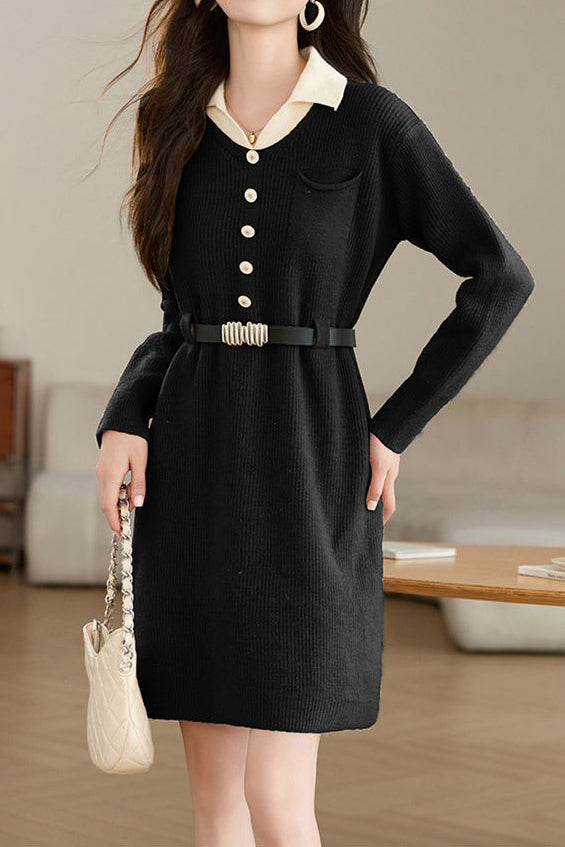 Turn-down collar mid-length waist-cinched long-sleeved knitted dresses - liwisi