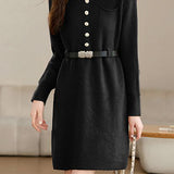 Turn-down collar mid-length waist-cinched long-sleeved knitted dresses - liwisi