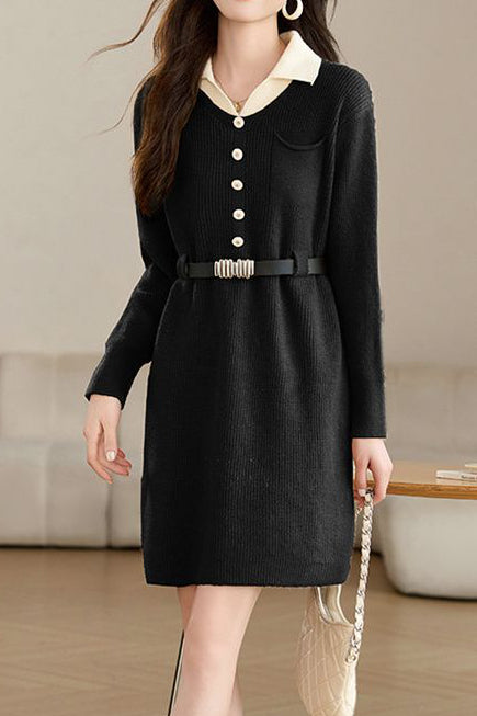 Turn-down collar mid-length waist-cinched long-sleeved knitted dresses - liwisi