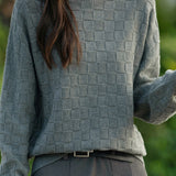 Half turtleneck solid-color sweater with square decorations - liwisi