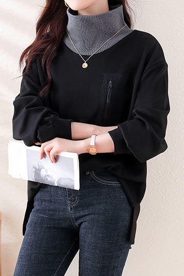 Half-high collar spliced color-block casual sweatshirt - liwisi