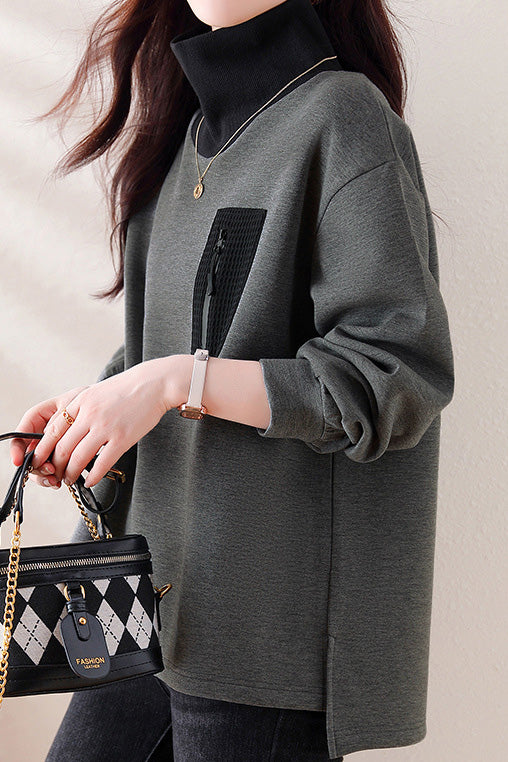 Half-high collar spliced color-block casual sweatshirt - liwisi