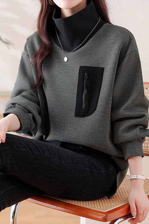 Half-high collar spliced color-block casual sweatshirt - liwisi