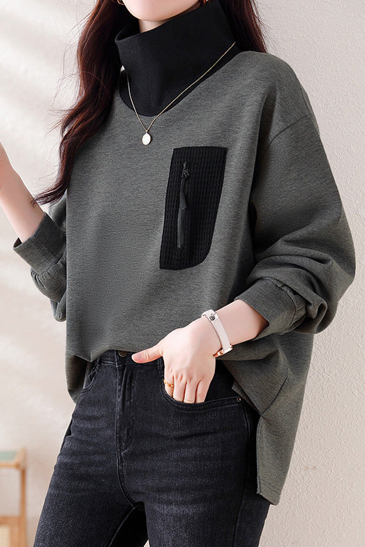 Half-high collar spliced color-block casual sweatshirt - liwisi