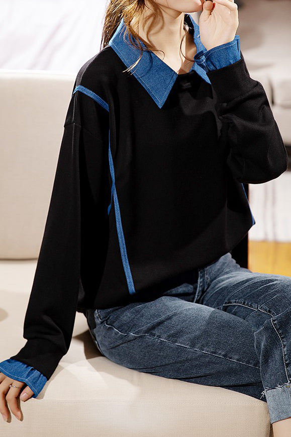 Fake two-piece loose sweatshirts with turn-down collars - liwisi