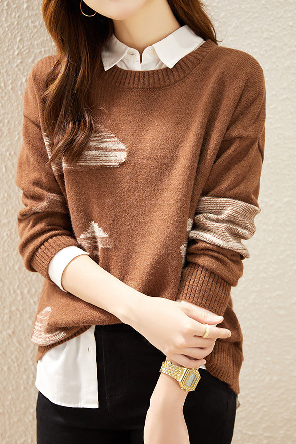 Round-neck spliced knitted sweaters - liwisi