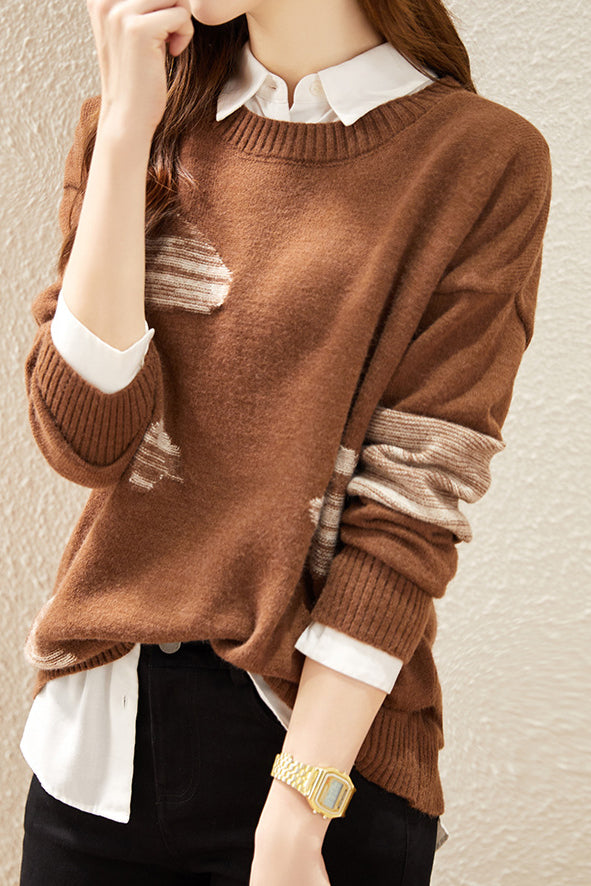 Round-neck spliced knitted sweaters - liwisi