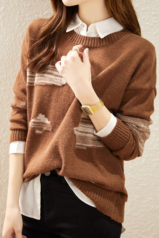 Round-neck spliced knitted sweaters - liwisi