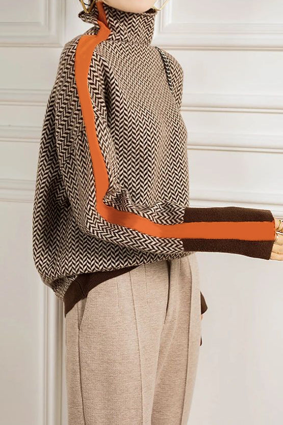 Contrast-color high-neck knitted sweater - liwisi
