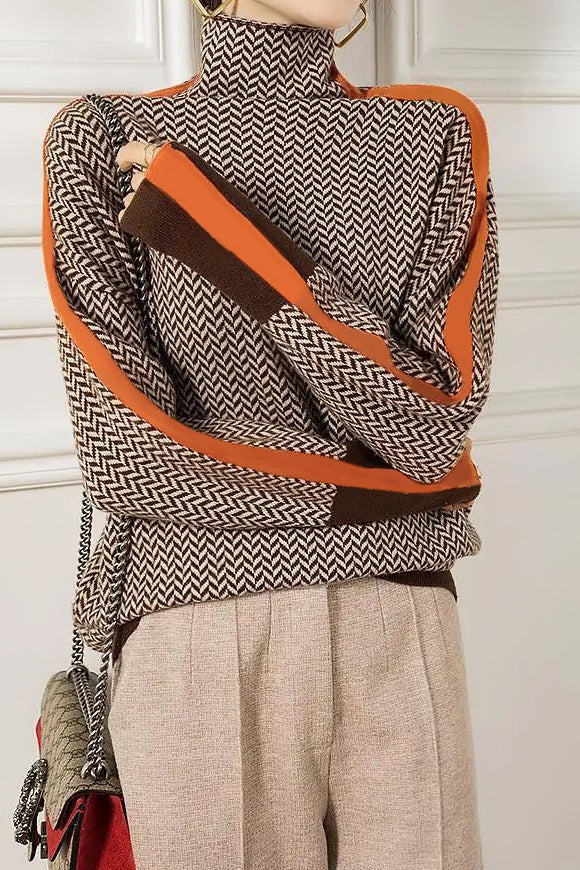 Contrast-color high-neck knitted sweater - liwisi