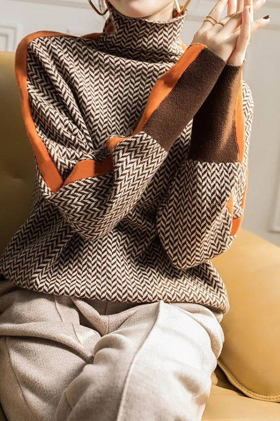 Contrast-color high-neck knitted sweater - liwisi