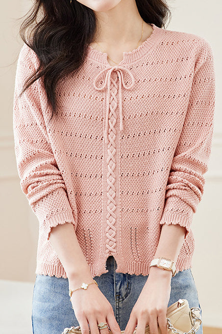 Hollowed-out round-neck knitted shirt - liwisi