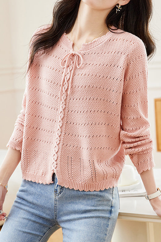 Hollowed-out round-neck knitted shirt - liwisi