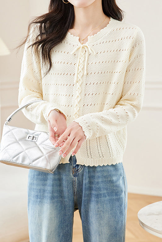 Hollowed-out round-neck knitted shirt - liwisi
