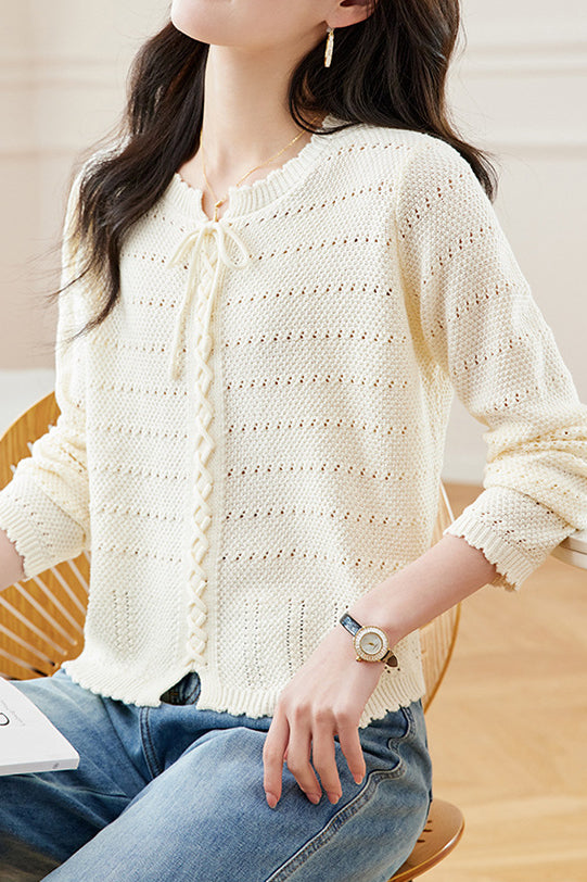 Hollowed-out round-neck knitted shirt - liwisi