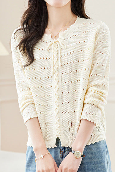 Hollowed-out round-neck knitted shirt - liwisi