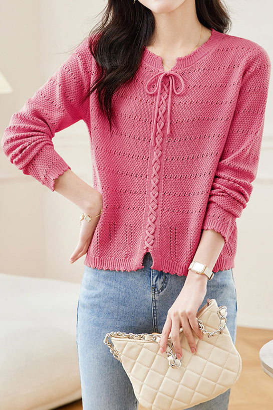 Hollowed-out round-neck knitted shirt - liwisi