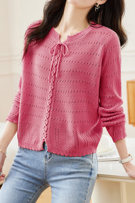 Hollowed-out round-neck knitted shirt - liwisi